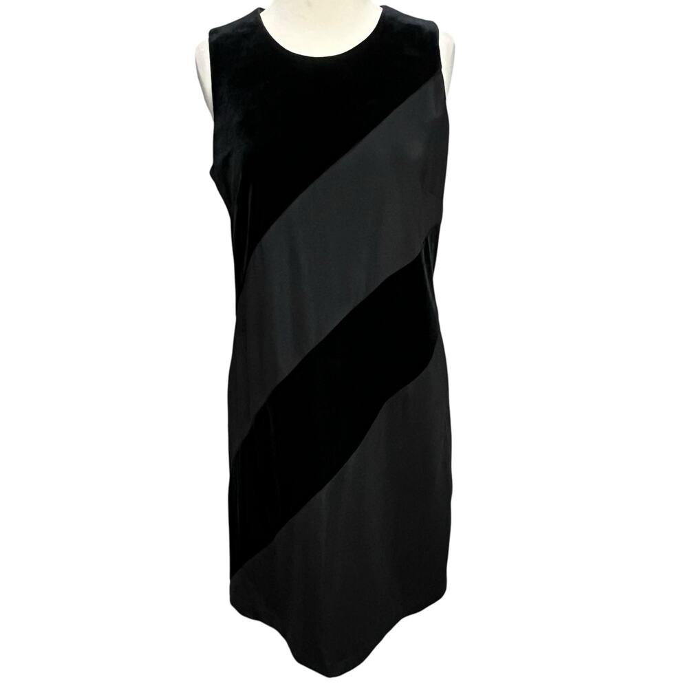 Molly Malloy Shift Dress 12 Petite Black Gray Velvet Classic Cocktail LBD Vtg